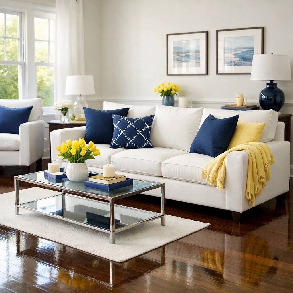 Clean living room with polished floors from a weekly house cleaning service in Leominster MA.
