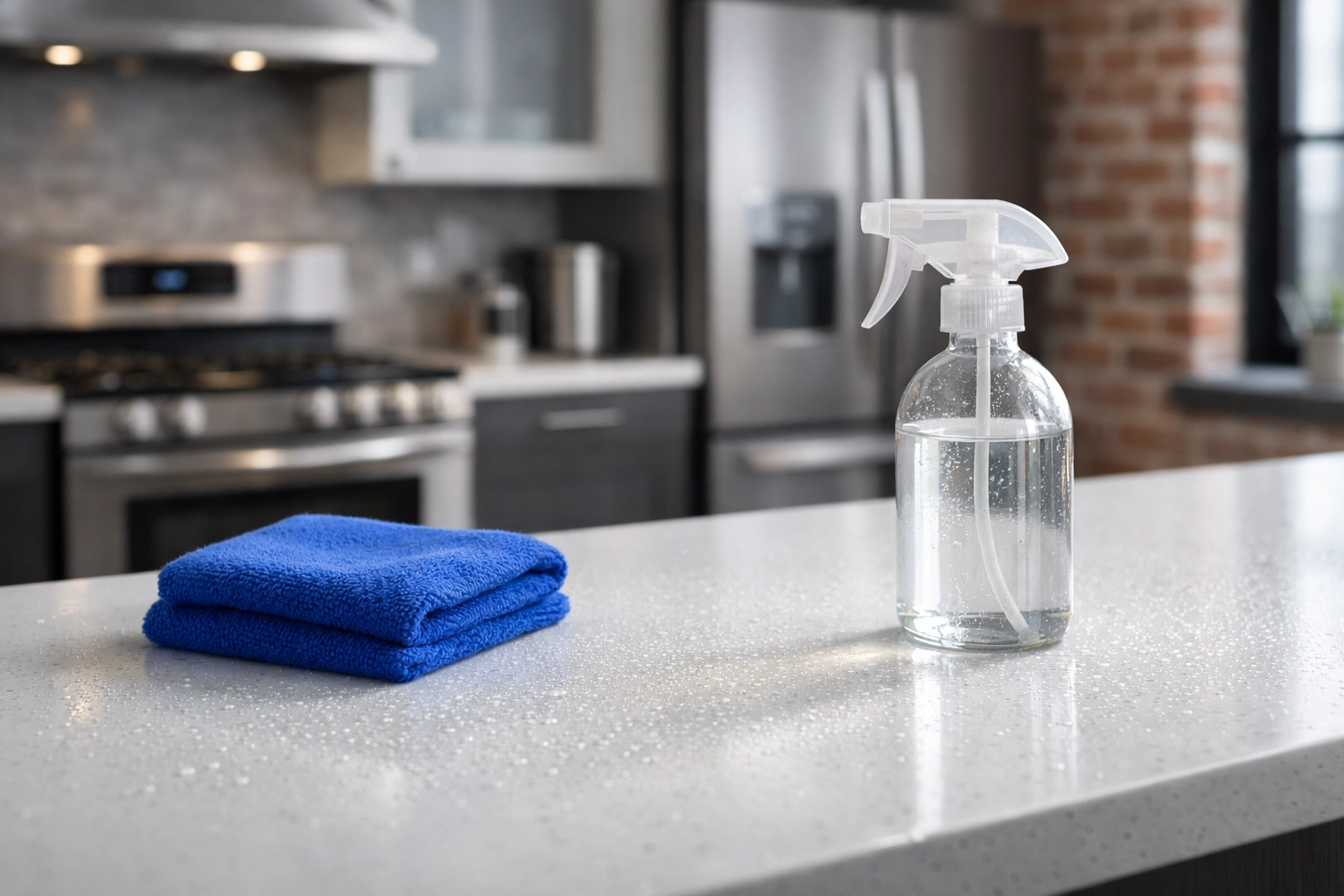 Eco-friendly cleaning spray on a quartz kitchen counter in a Central Square Cambridge apartment loft.
