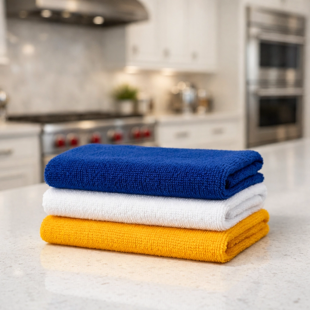 Color-coded microfiber cloths for professional house cleaning in a luxury Ashby MA kitchen setting.