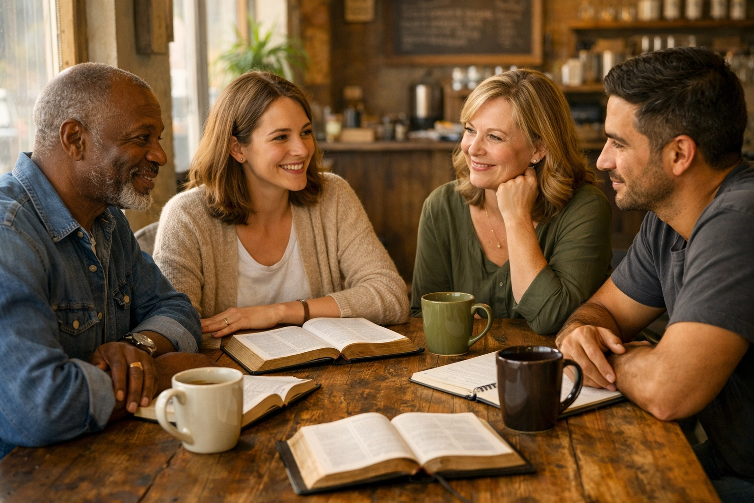 Diverse Christians discussing news with Bibles open at coffee shop table in peaceful conversation