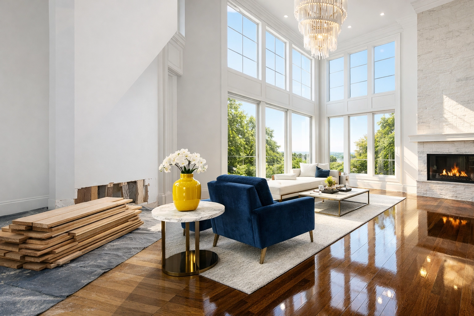 Luxury Massachusetts living room after professional post-construction cleaning MA with polished floors.