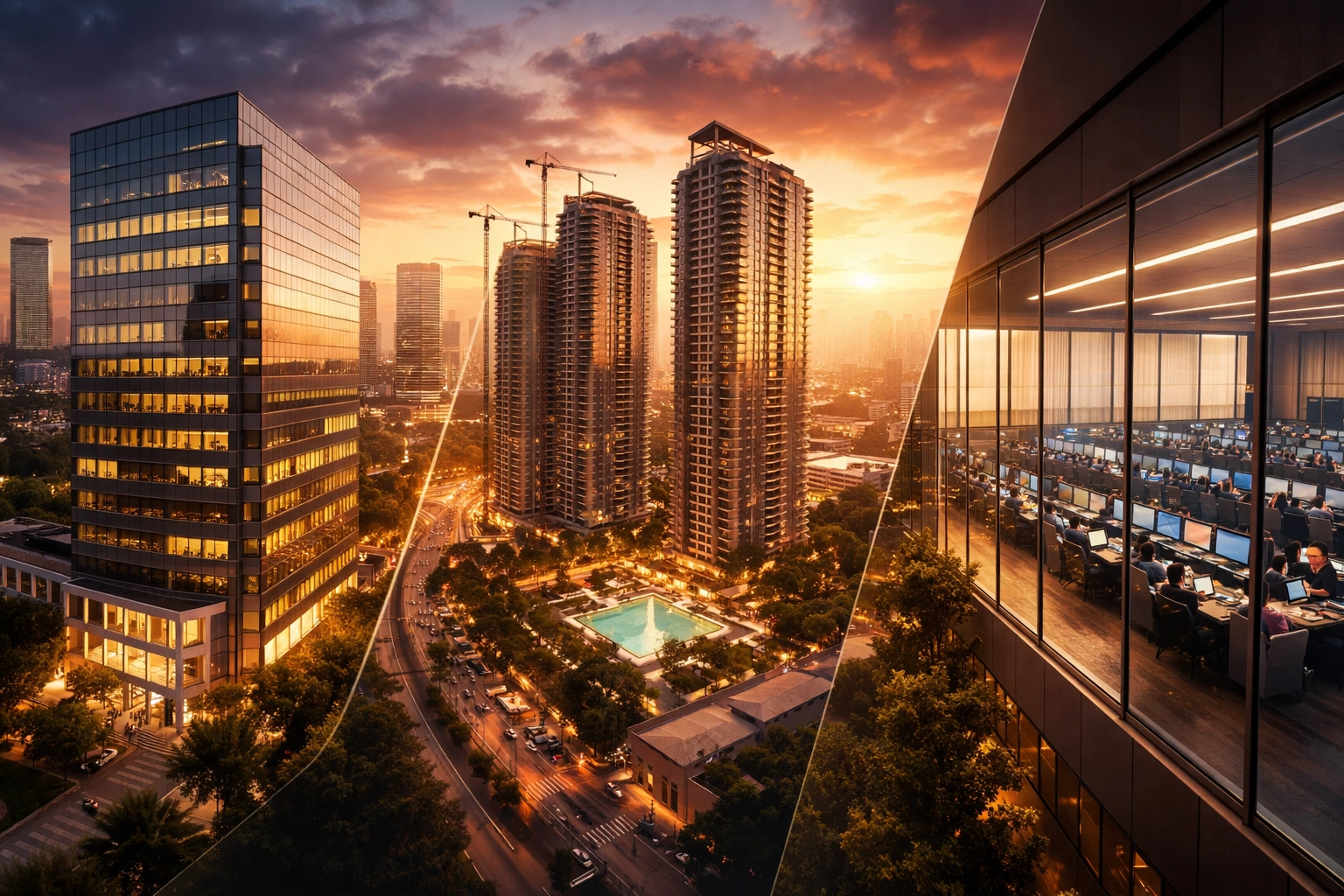 Aerial view of a diverse investment landscape highlighting private equity, real estate, and hedge fund components in a balanced portfolio.