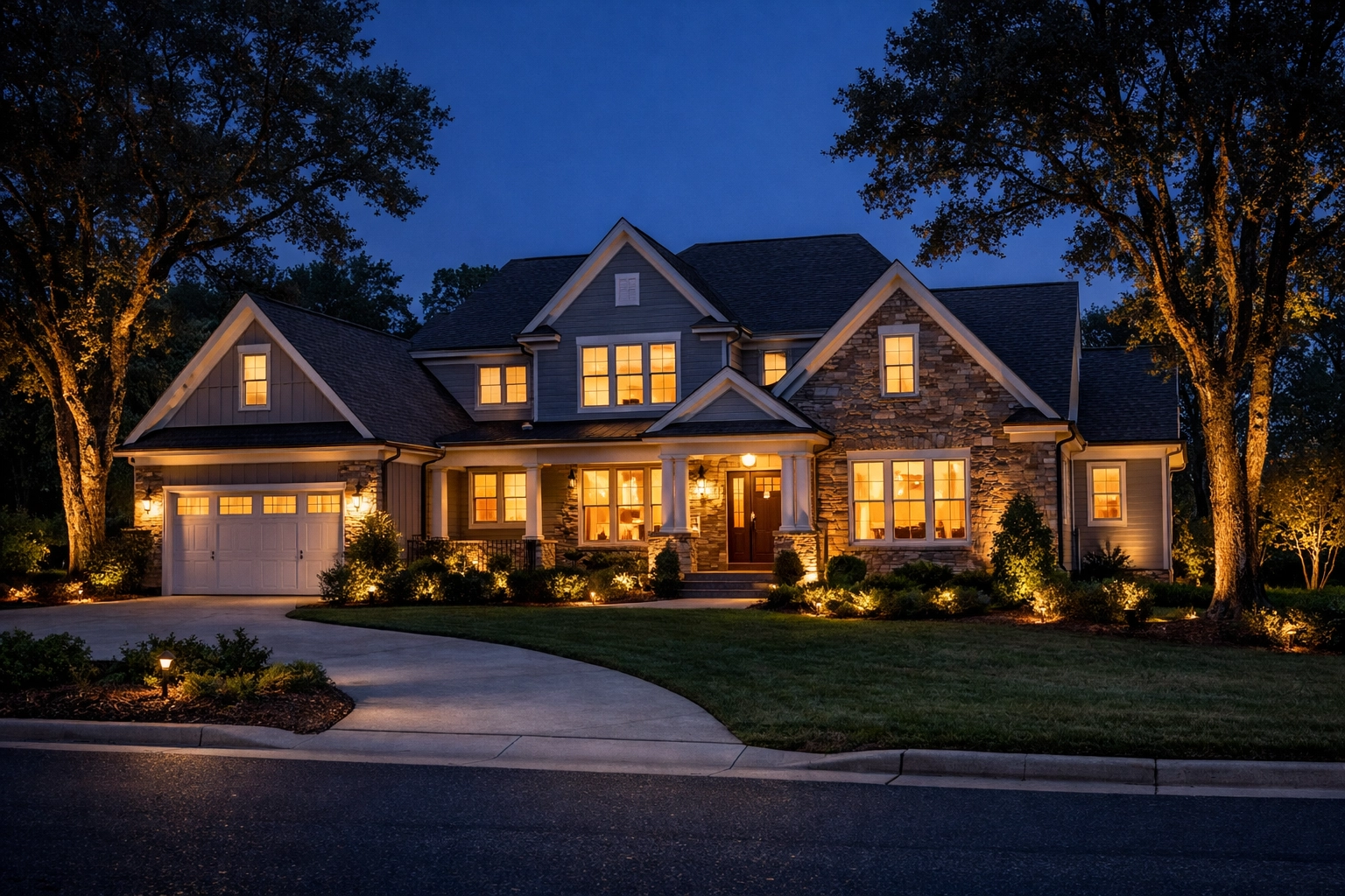 Suburban NC Triangle home with evening landscape lighting ready for a successful buyer showing. Suburban NC Triangle home with evening landscape lighting ready for a successful buyer showing.