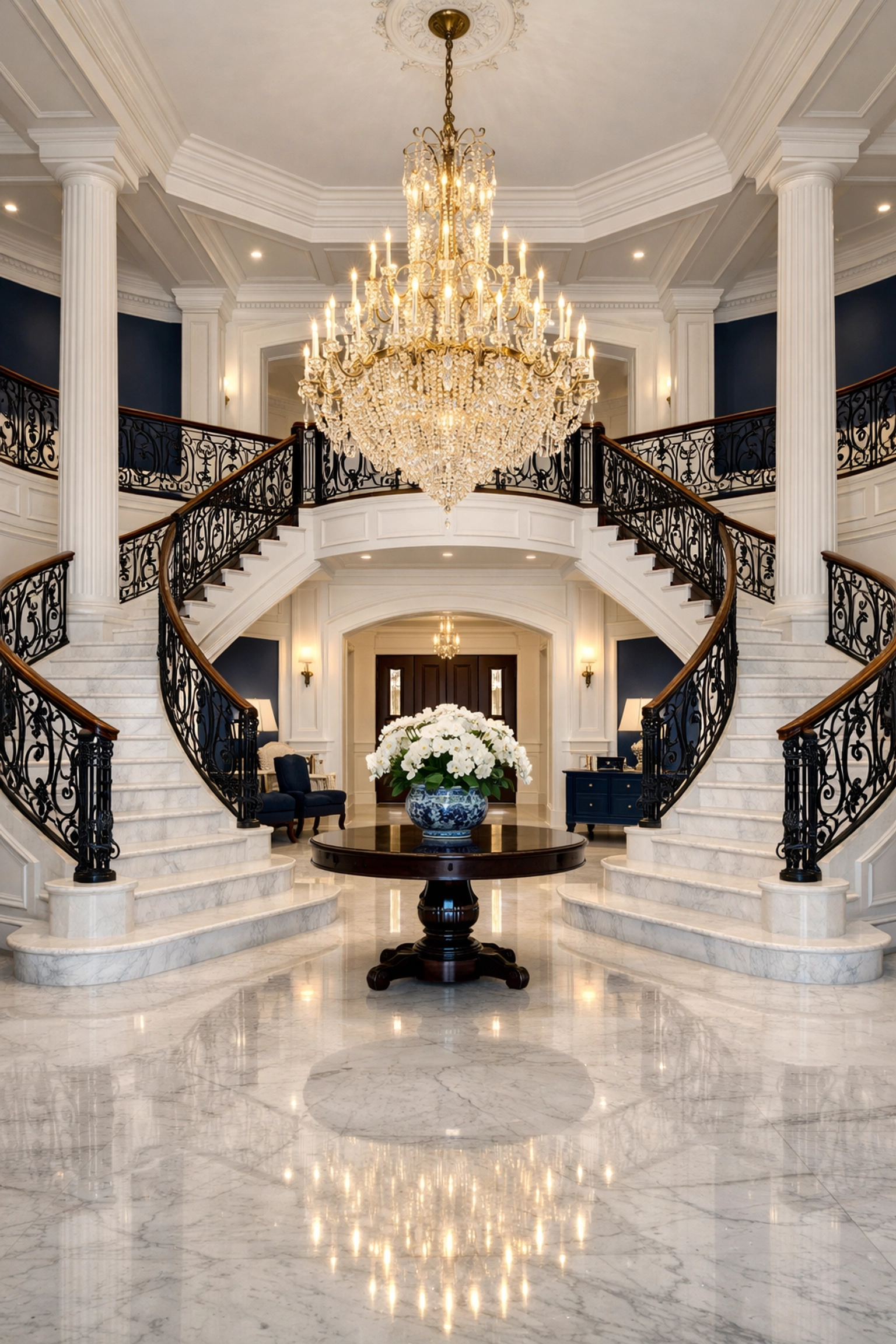 Polished marble floors and grand staircase in a Dover estate after residential cleaning Massachusetts.