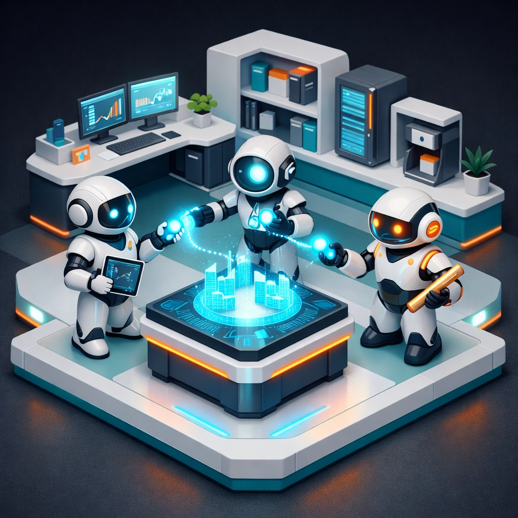 Three AI agents collaborating around a holographic table to automate small business tasks.