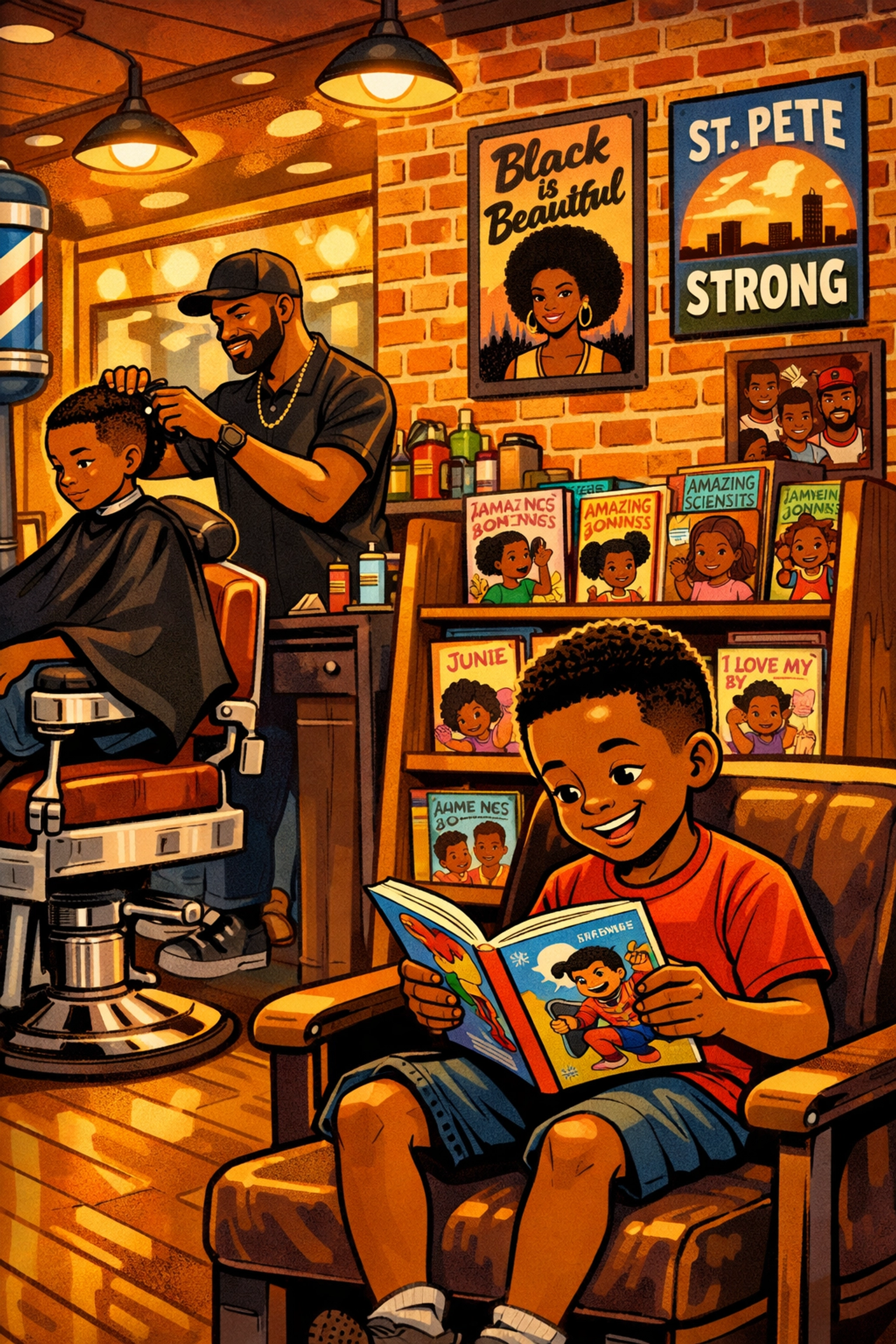 Black boy reading book in St. Petersburg barbershop with community book collection