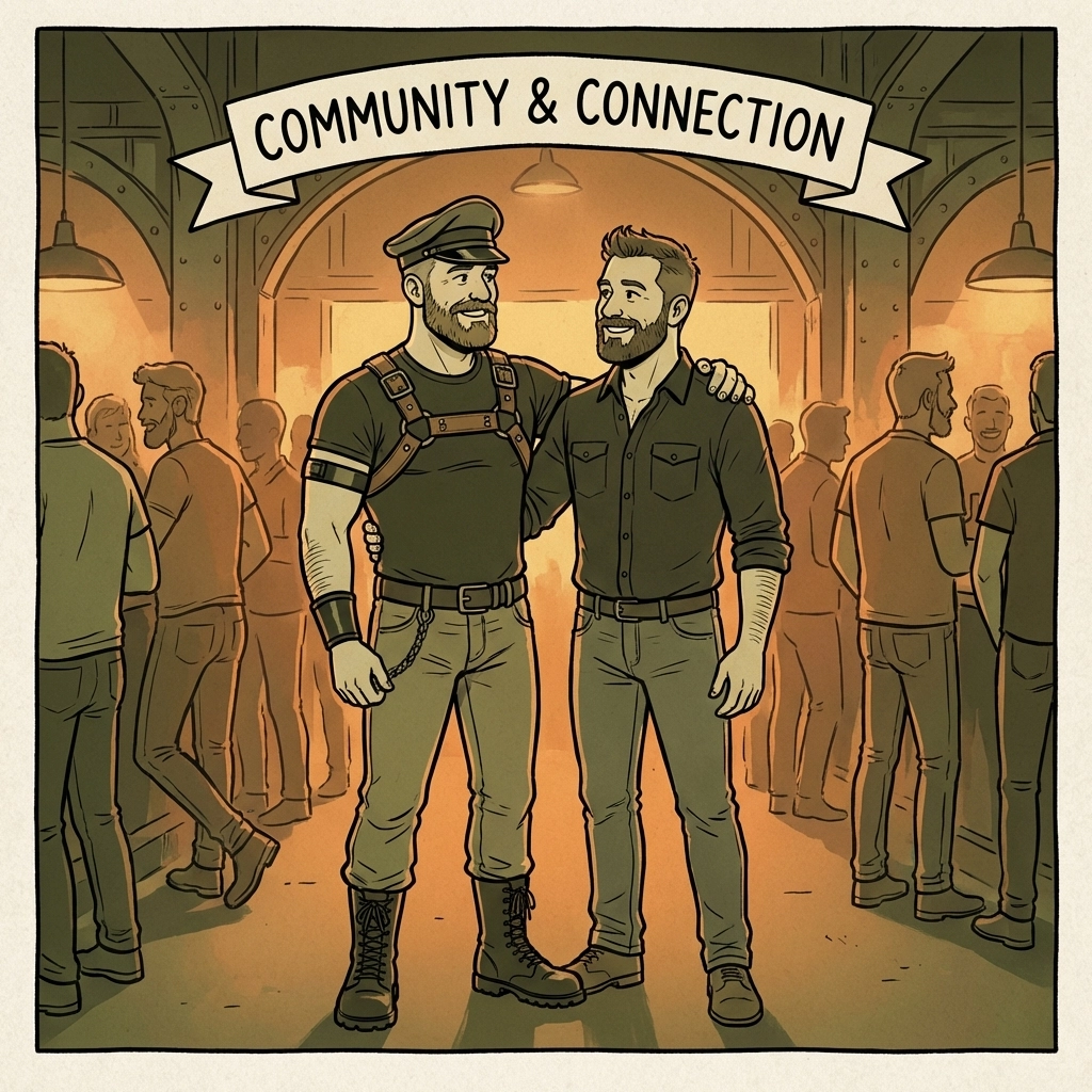 Two gay men in fetish club gear building community connection and friendship