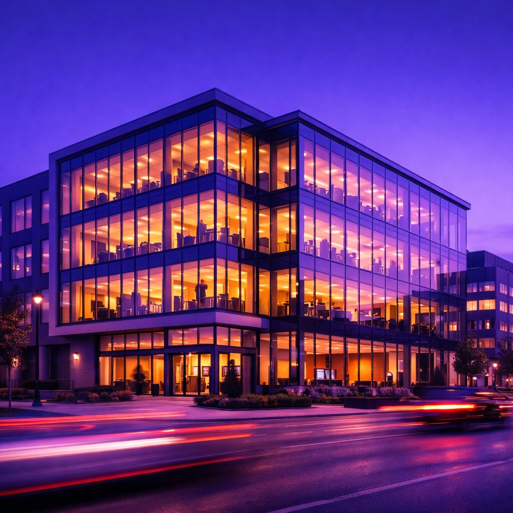 Modern glass office building at twilight representing a reliable, always-on digital storefront.