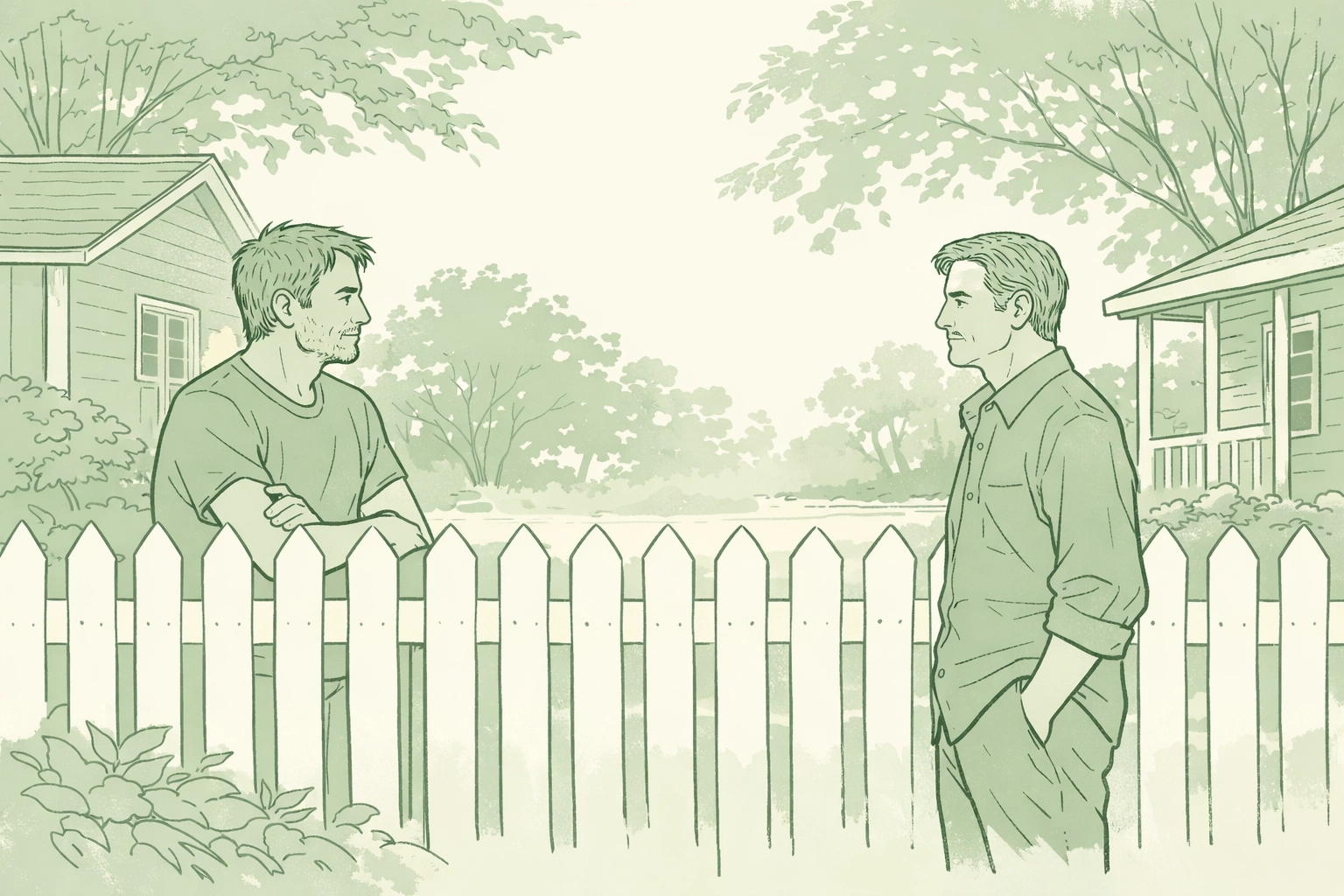 Two men across fence in MM romance reunion story depicting decades of unspoken longing