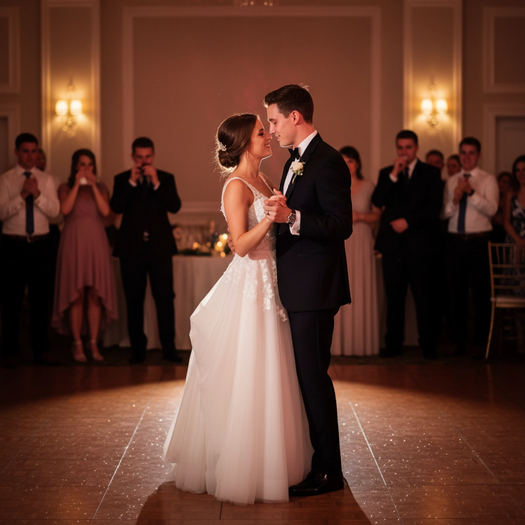 Bride and groom share a romantic dance in a warmly lit ballroom, watched by guests in formal attire.