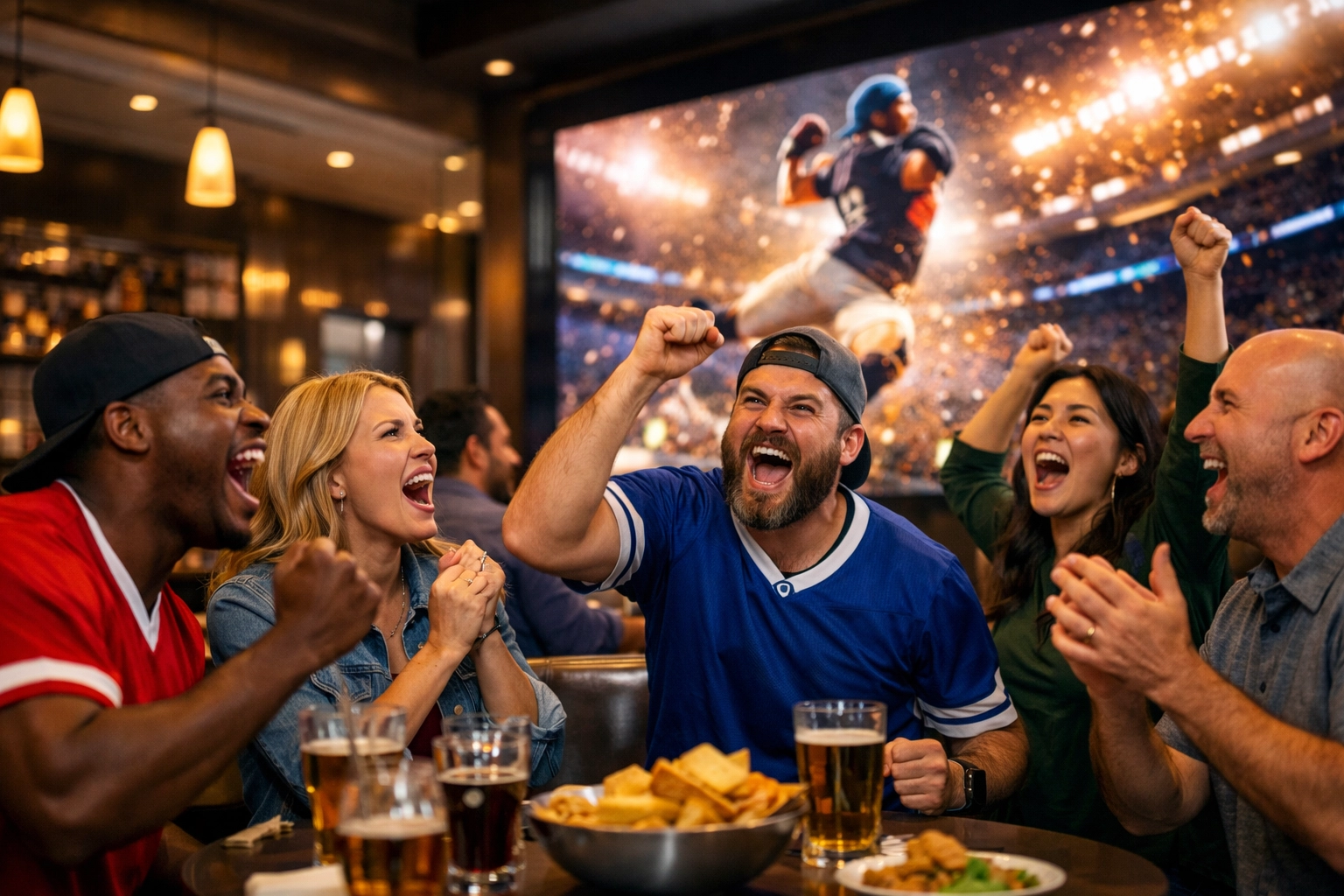 Fans cheering in a sports lounge reflecting high engagement levels with digital out of home advertising.
