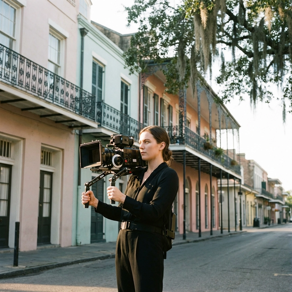 Female wedding videographer capturing cinematic footage on a historic French Quarter street in New Orleans during golden hour