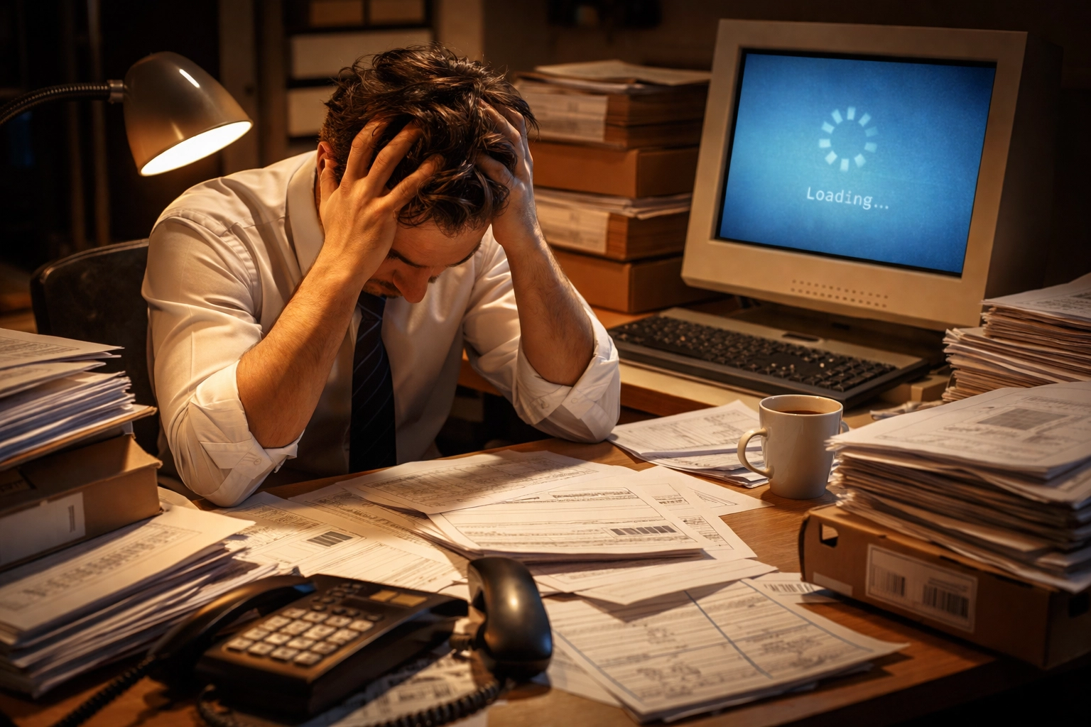 Frustrated professional surrounded by shipping paperwork highlights the challenges of outdated cargo tracking systems.