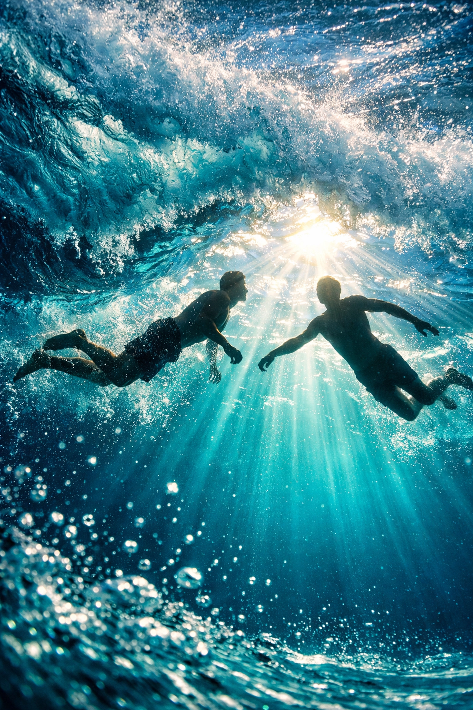 Two men swimming in ocean representing moments of joy and connection in A Single Man