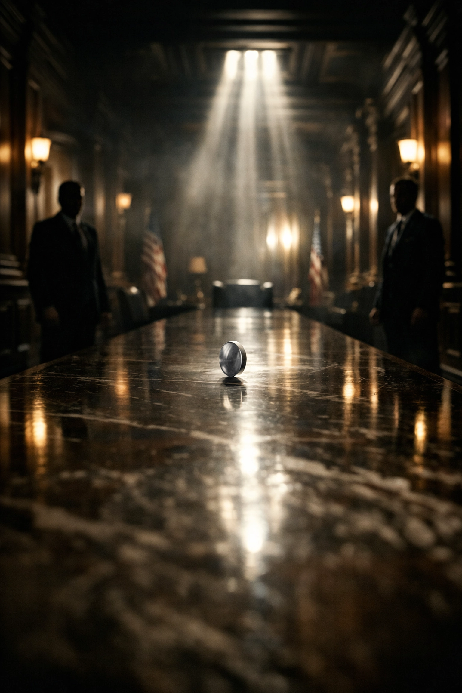 Two figures at a long table with a spinning coin, representing political gridlock in a divided Congress.