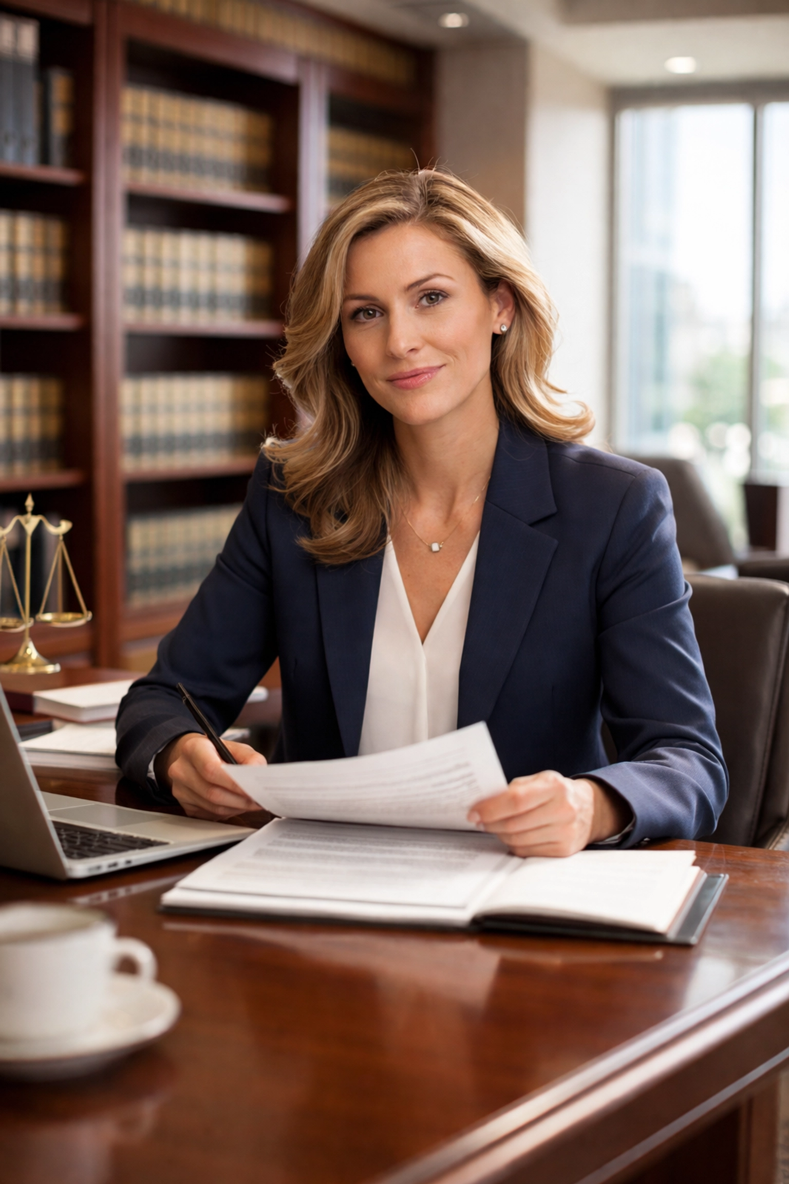 Attorney reviewing legal documents in a law office, representing legal defense support in general liability insurance.