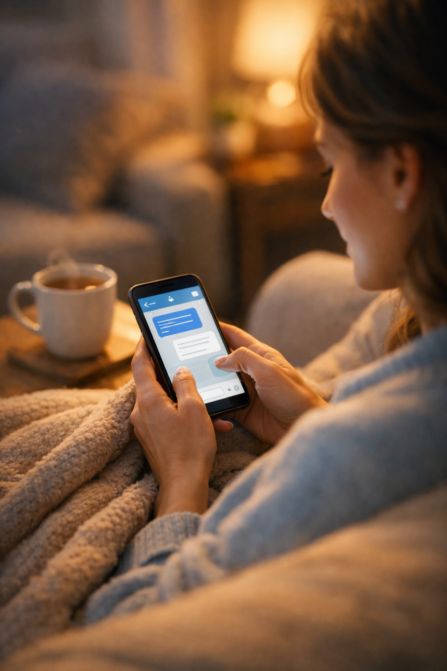 Woman using smartphone for confidential online women's health consultation from home