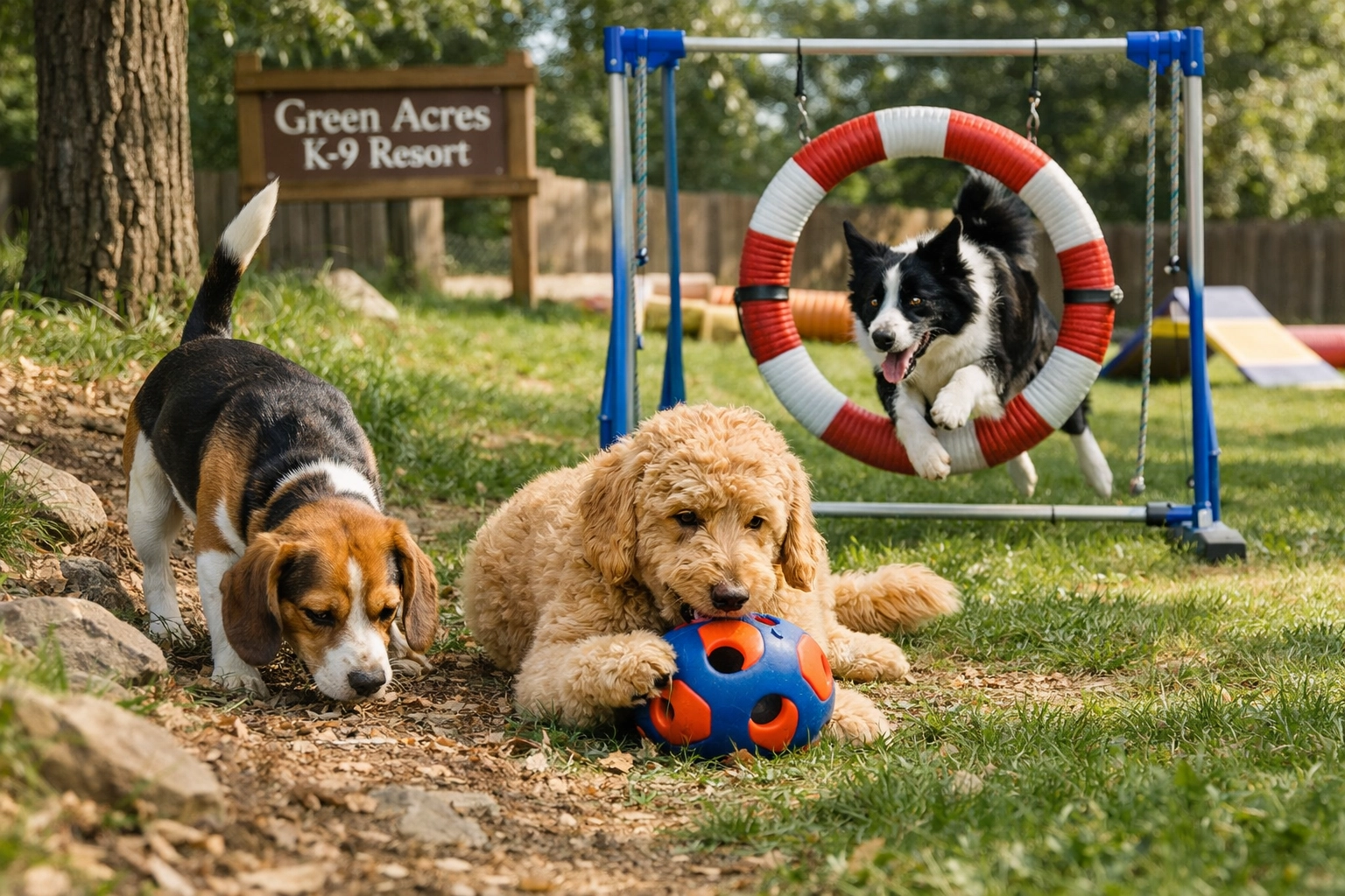 Dogs engaged in outdoor exercise and mental enrichment activities for holistic wellness