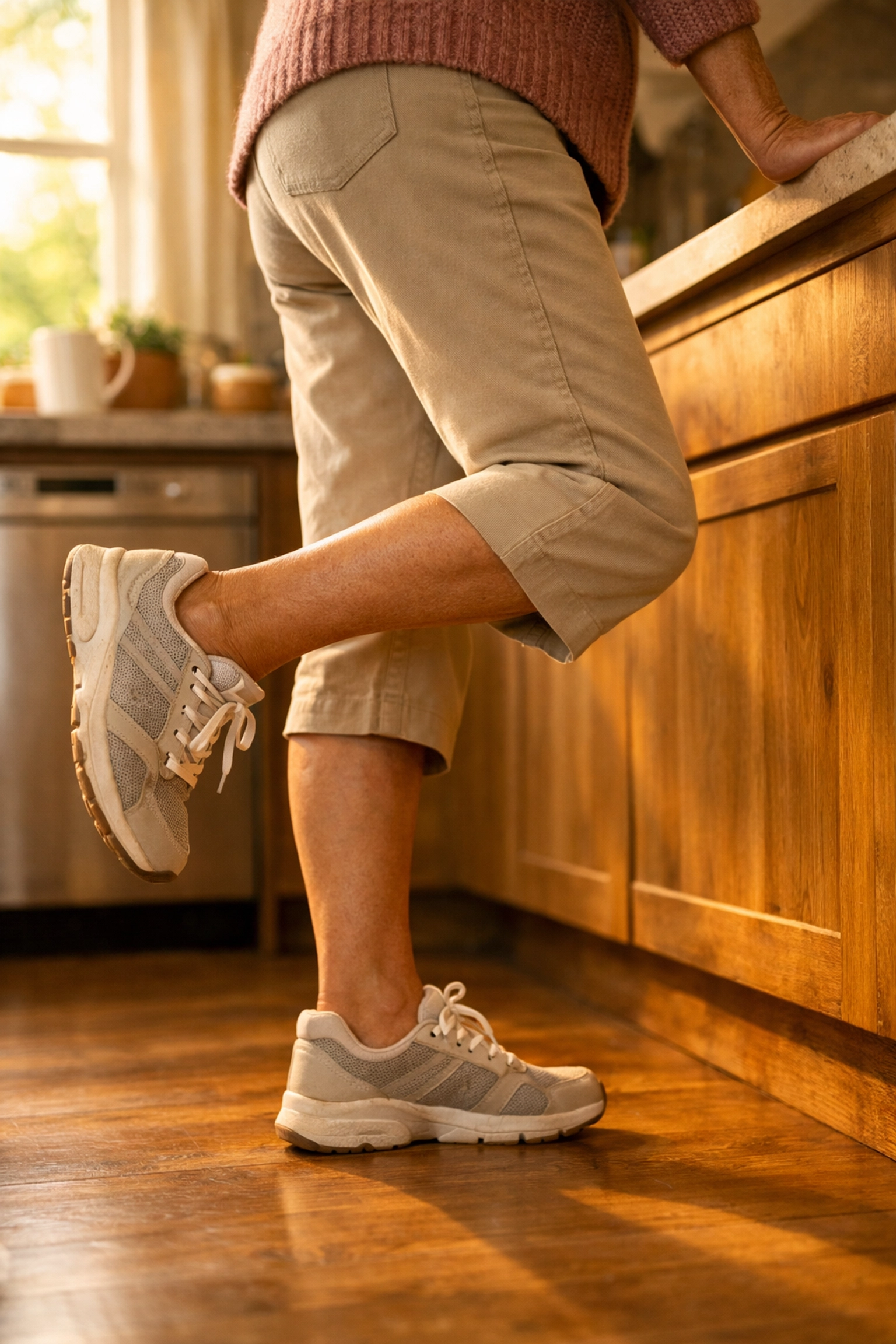 Senior woman practicing single-leg balance exercise near kitchen counter for fall prevention