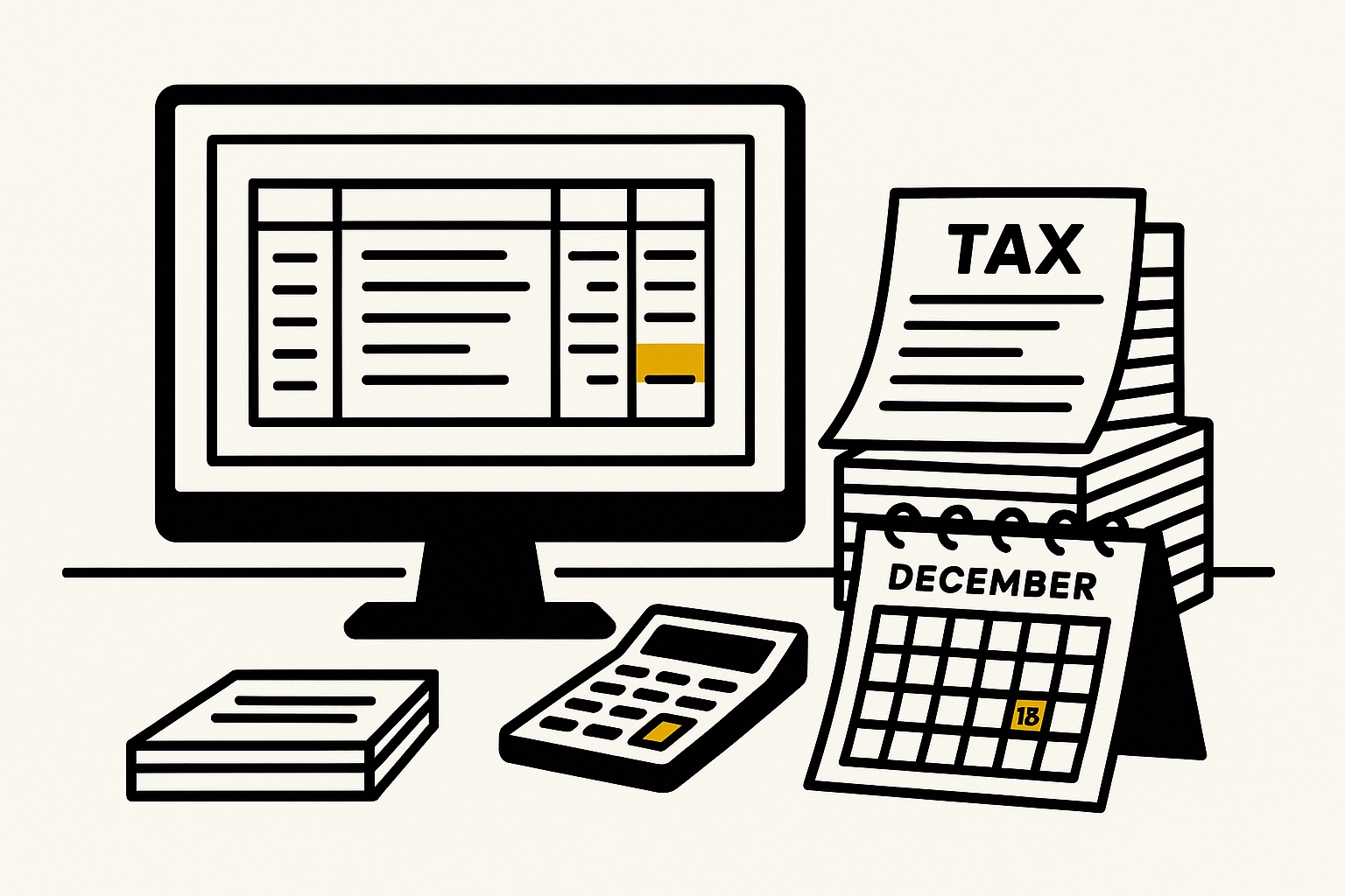 A computer with a spreadsheet, tax forms, a calculator, a book, and a calendar showing December 18. Black and yellow color scheme.