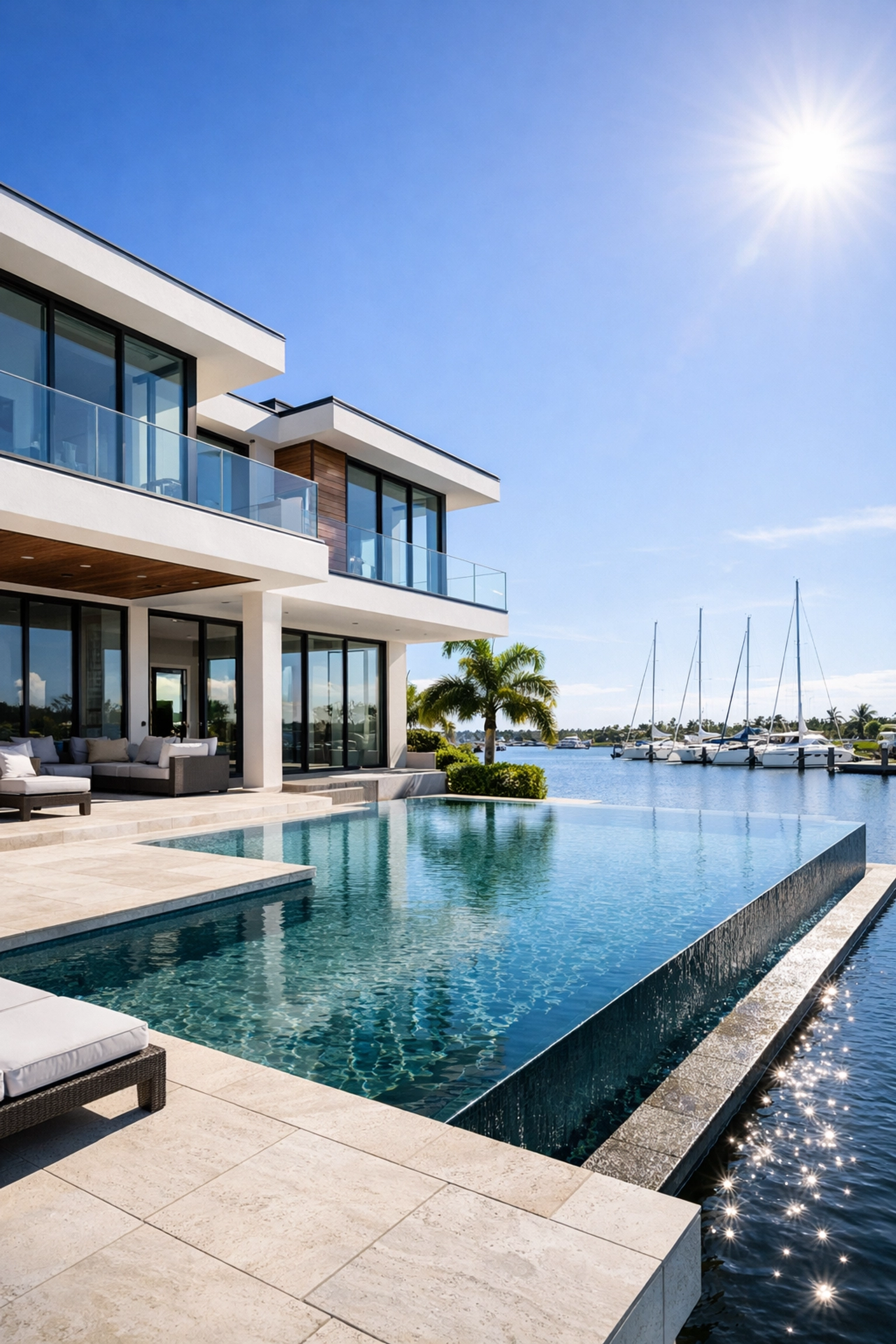 Modern luxury home with an infinity pool in a Southwest Cape Coral gated community overlooking a canal.