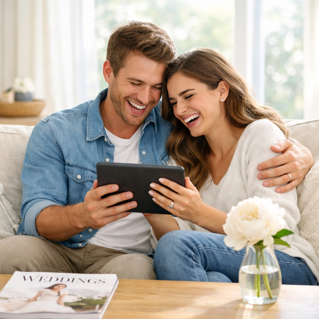 Engaged couple happily planning a debt-free wedding using a tablet in a bright living room.