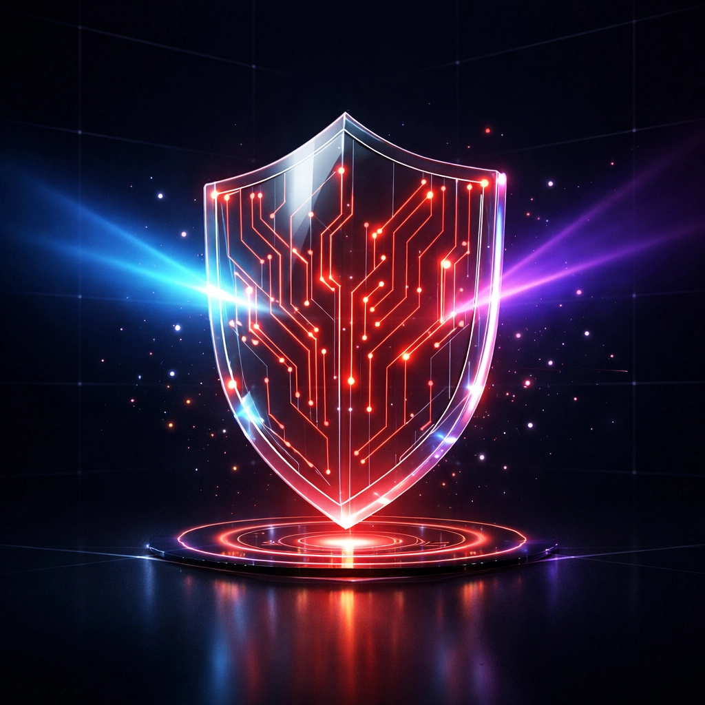 Holographic shield representing AI trust signals and security protection for business data