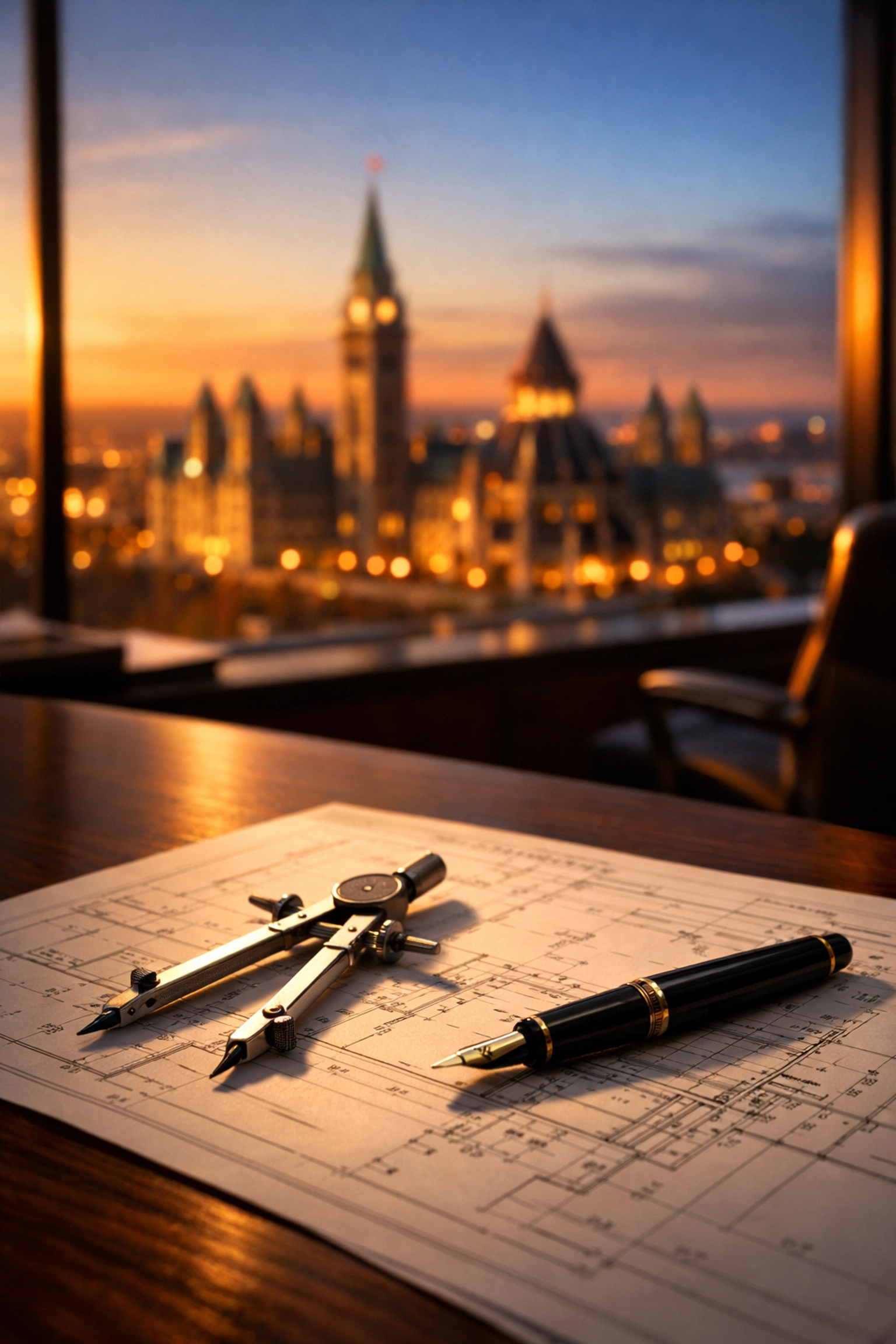 Professional tools on a desk overlooking a skyline, illustrating strategic planning for Canada's GDP growth.