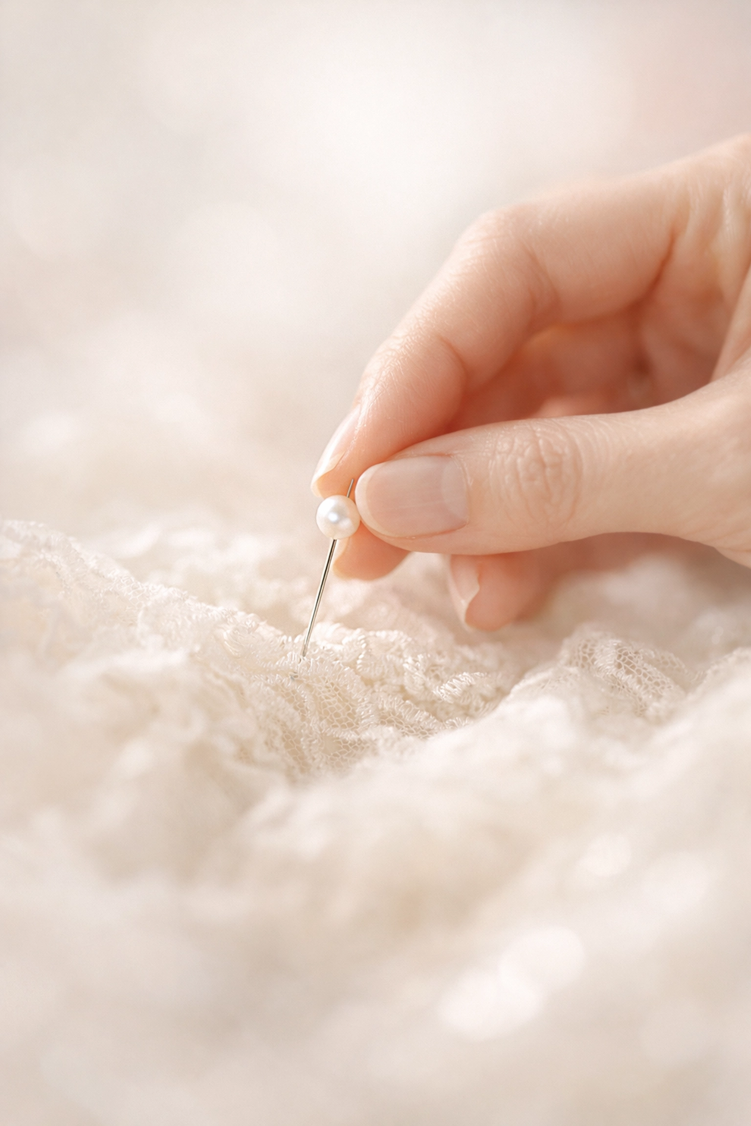 Close-up of expert in-house alterations on a delicate lace wedding gown with a pearl pin.