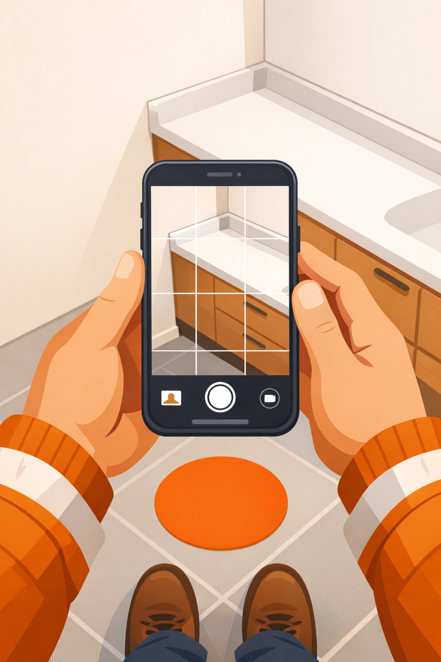 Contractor using a photo app grid for precise construction photo documentation in a bathroom.