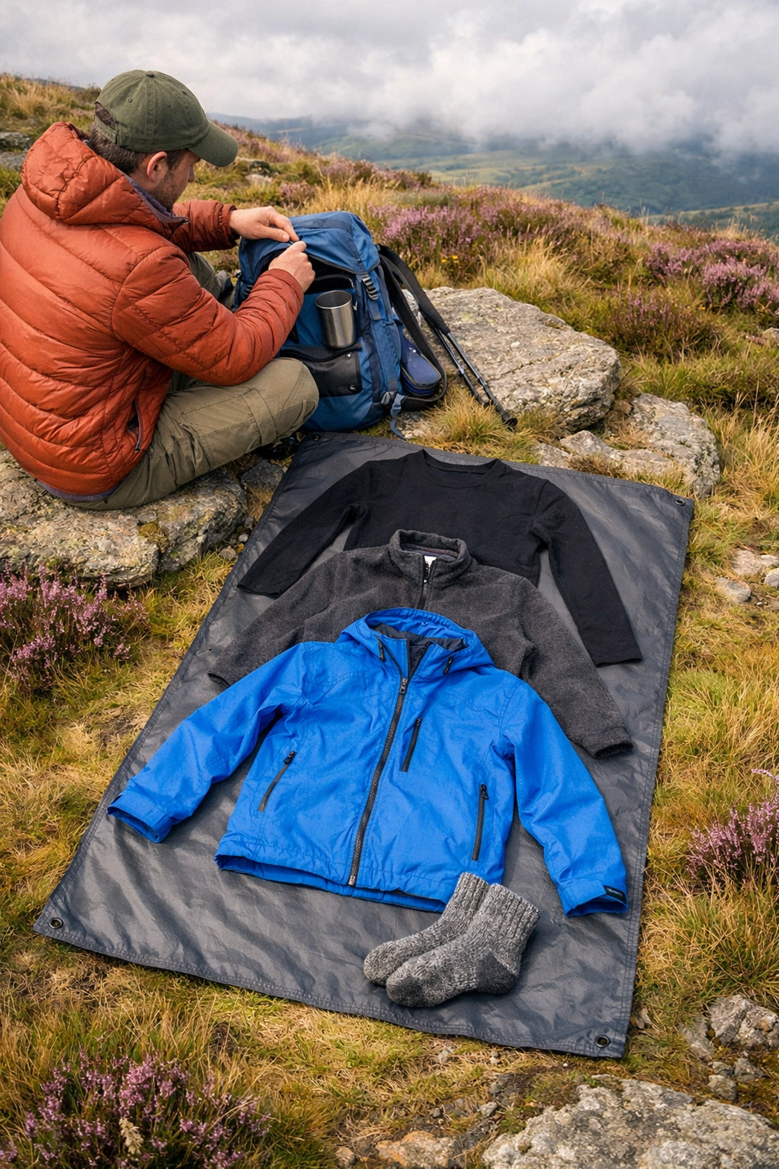 Essential moisture-wicking layers and waterproof clothing for a UK hiking and camping trip.