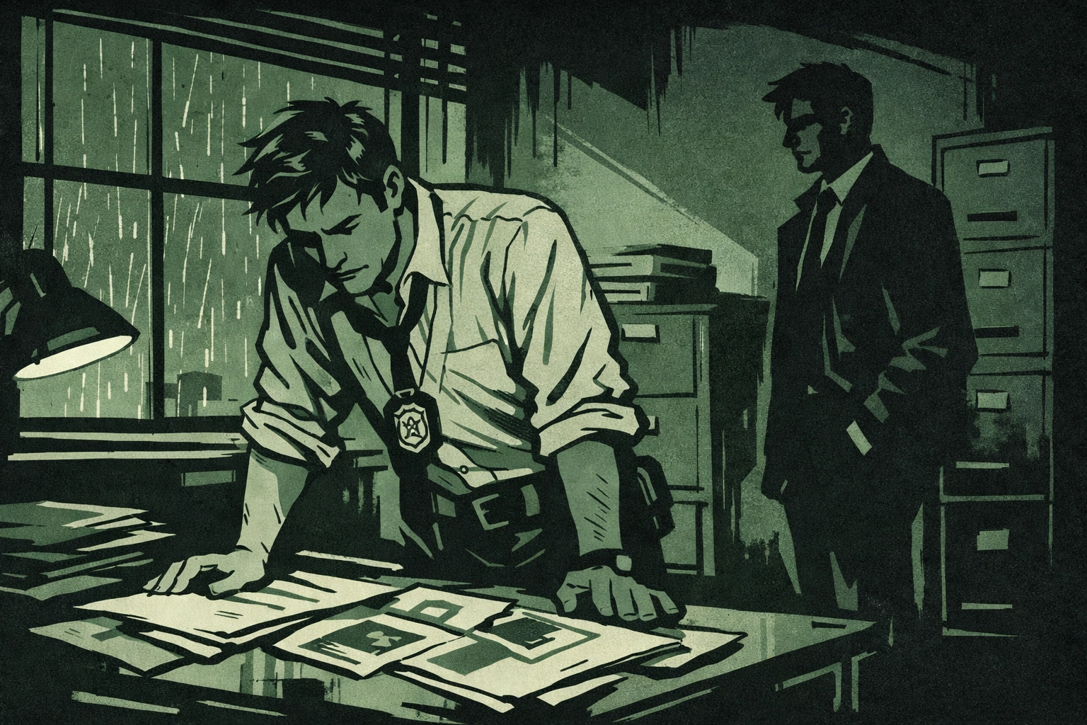 Gay detective reviews cold case files in evidence room as mysterious suspect watches - MM crime thriller