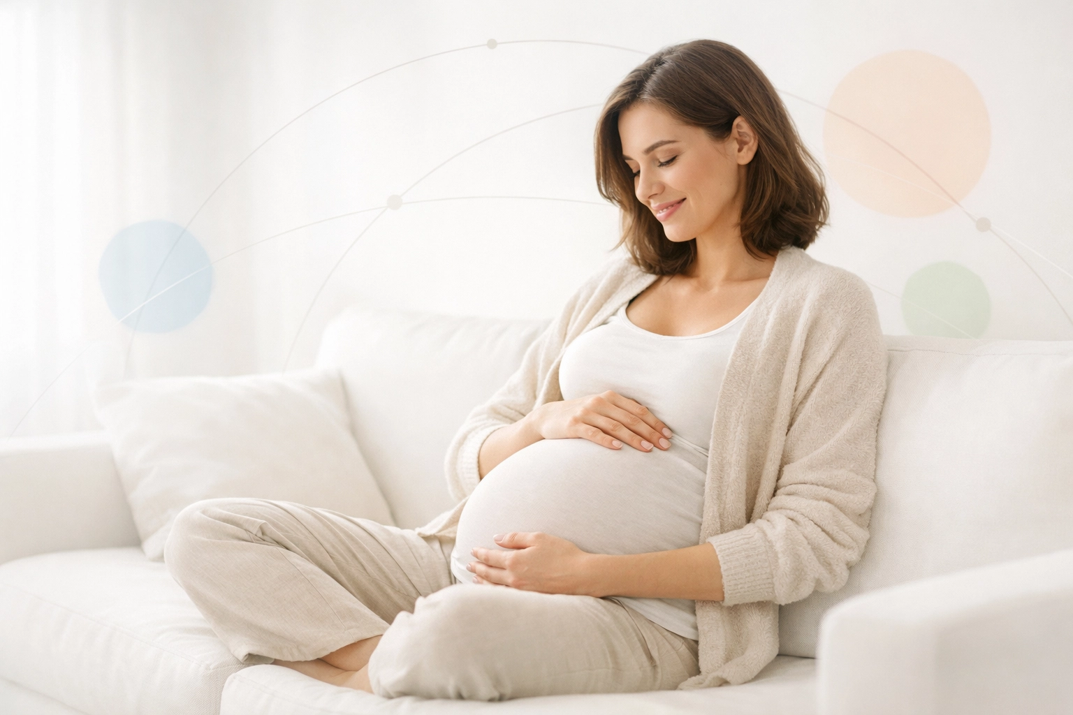 Pregnant woman at home awaiting results of a prenatal DNA or gender reveal test.