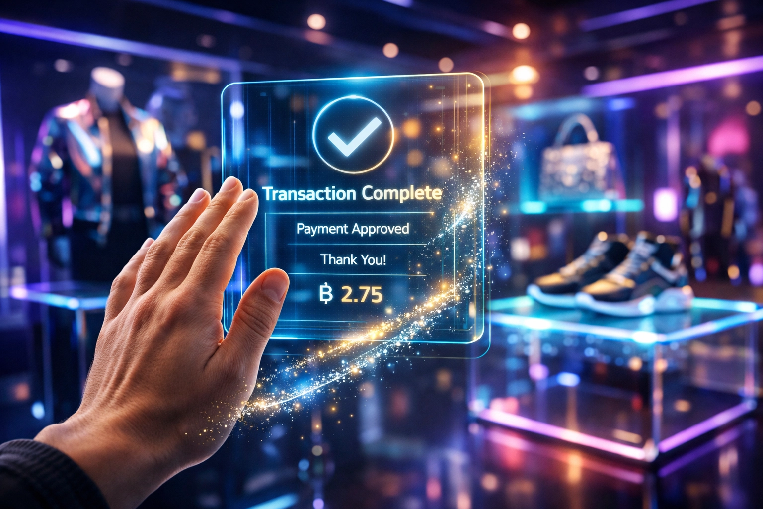 User executing a one-hand wave gesture for a seamless metaverse checkout using Larecoin.ai crypto payment technology.