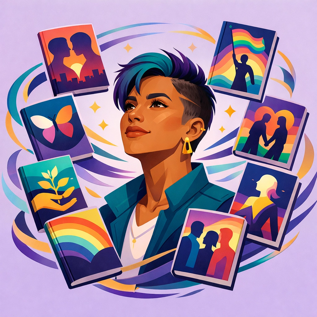 A visionary leader with modern gay books, symbolizing growth through contemporary queer fiction and leadership trends.