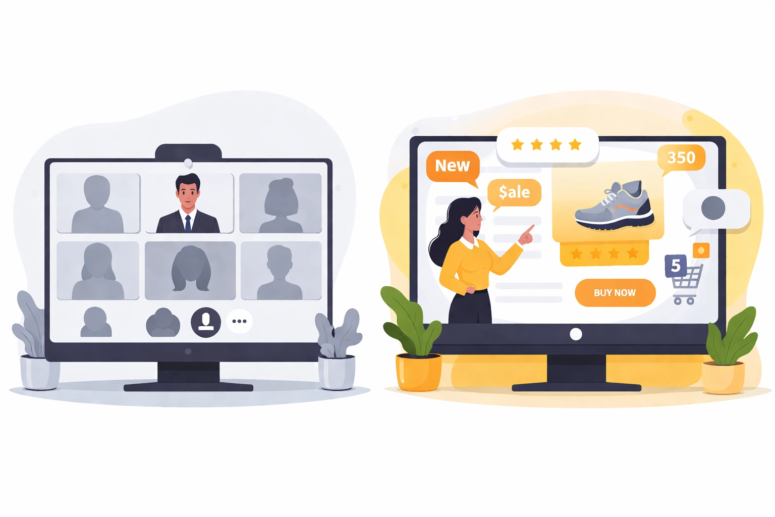 Side-by-side comparison of a meeting grid and interactive live shopping video platform with product tags