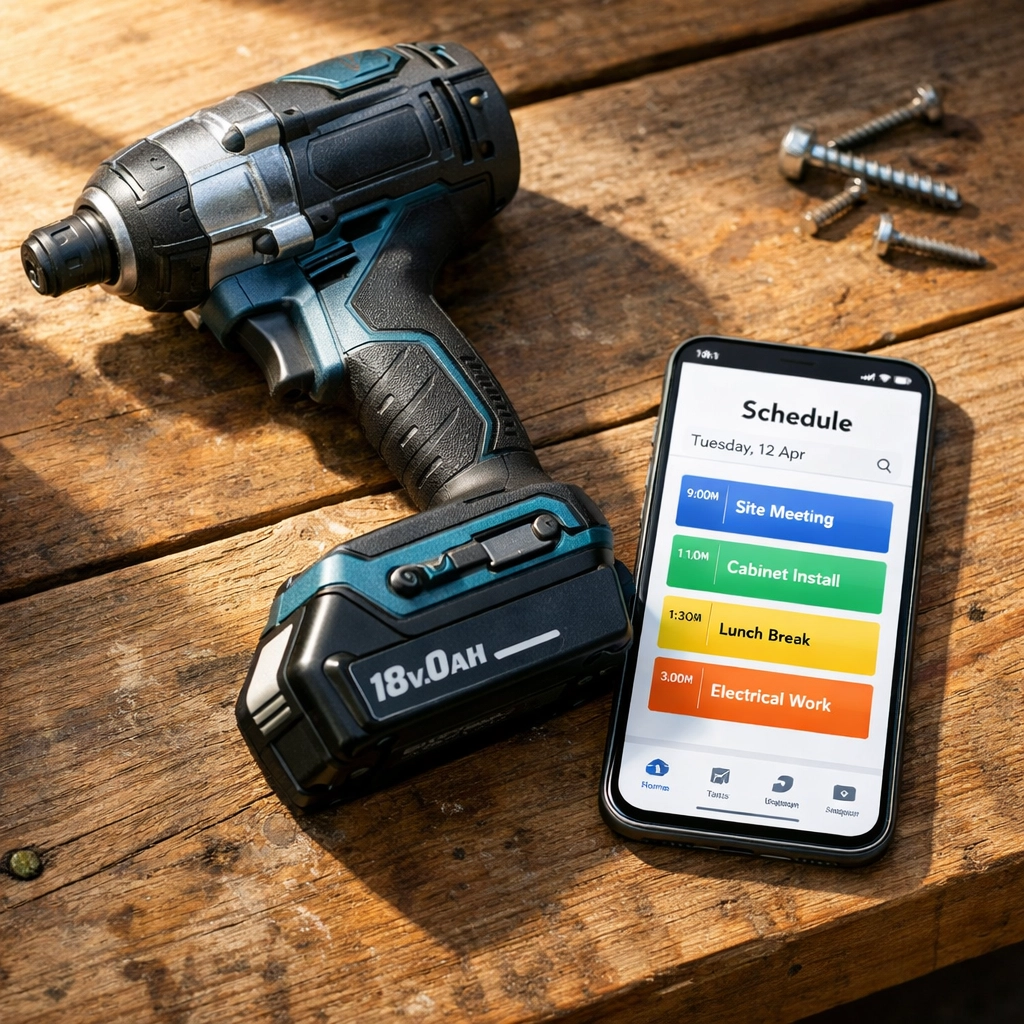 Cordless impact driver next to a smartphone showing a scheduling app on a contractor's workbench.