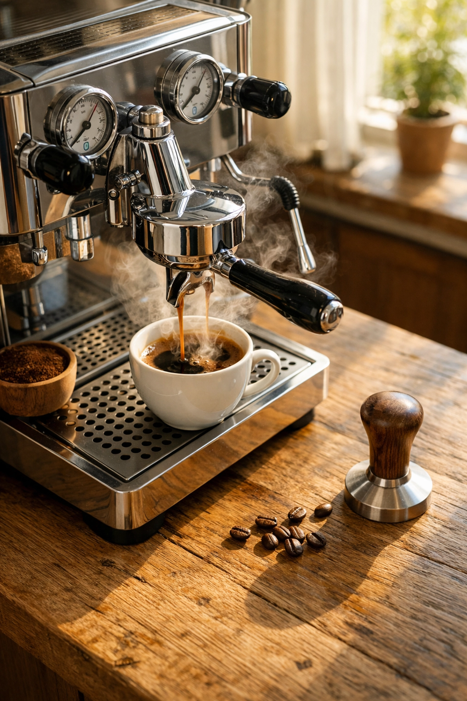 A professional chrome espresso machine brewing a fresh shot into a ceramic cup on a kitchen counter.