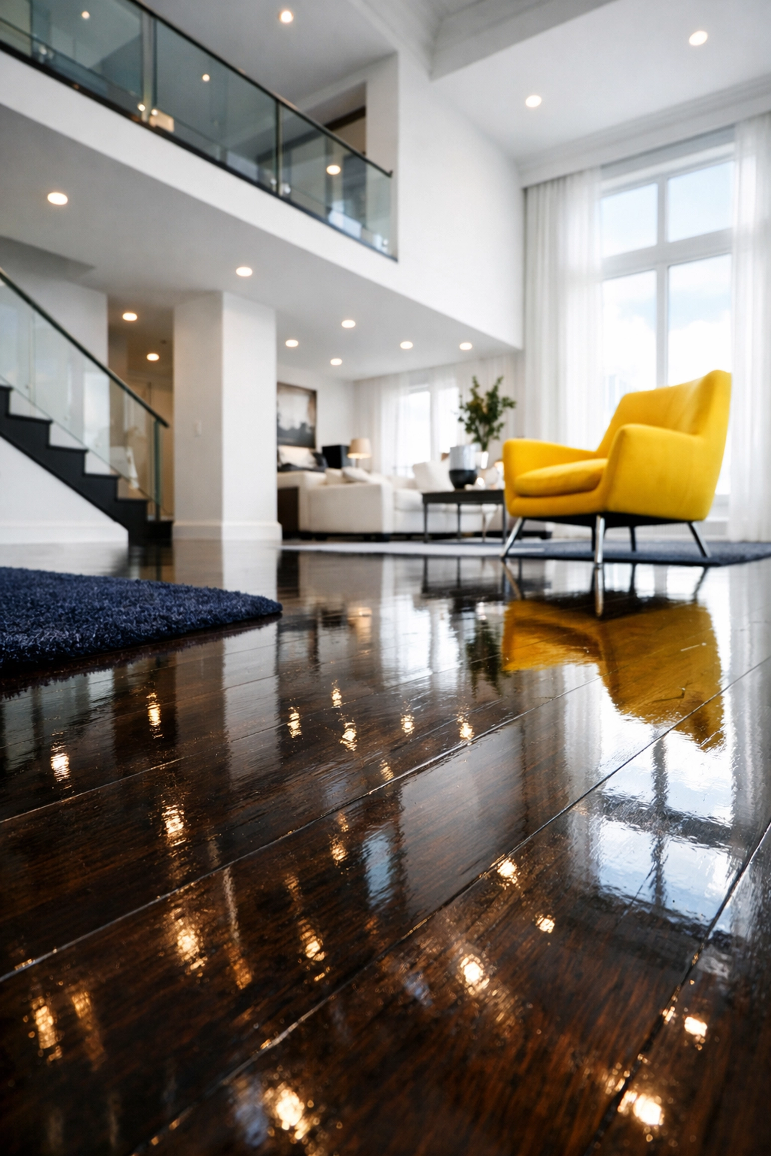 Mirror-like shine on dark oak hardwood floors in an airy, professionally cleaned Lunenburg home.