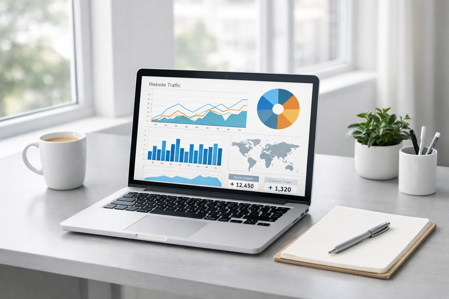 Workspace with analytics display for cleaning service SEO and marketing automation