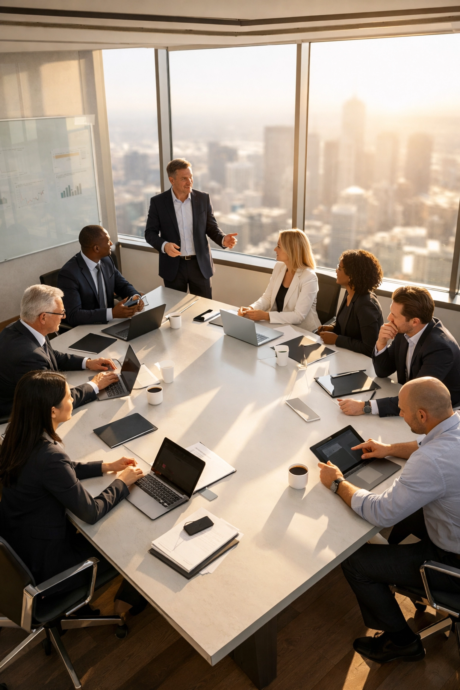 Professionals discussing digital media innovation during a Dakdan Worldwide morning strategy briefing.