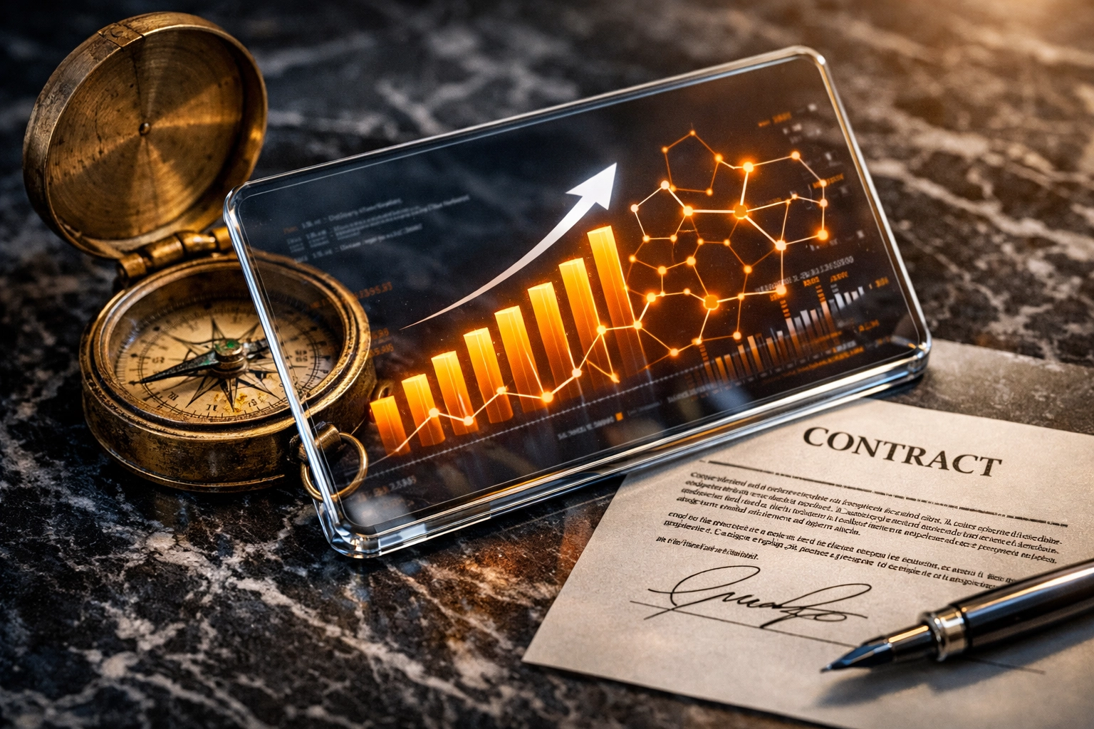 Data-driven startup pitch tips 2026 shown through analytics on a tablet and a signed business contract.