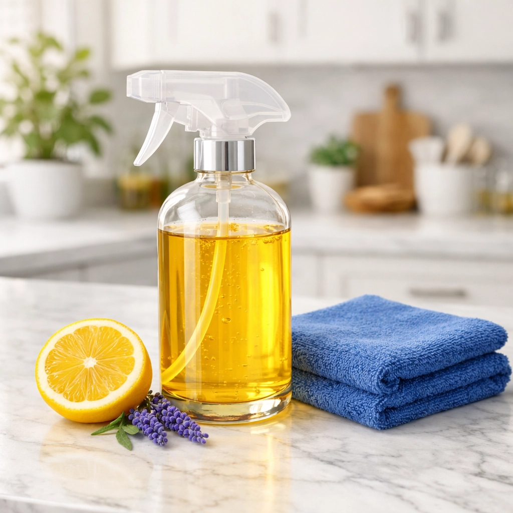 Natural cleaning supplies with lemon and citrus spray on a marble countertop in a Lunenburg home.