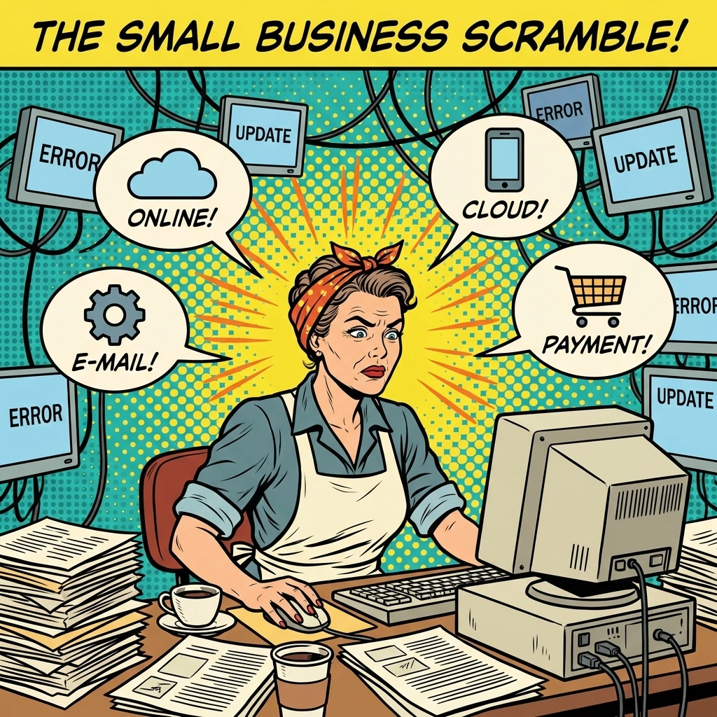 Overwhelmed small business owner at desk with scattered tech tools, highlighting local business AI challenges