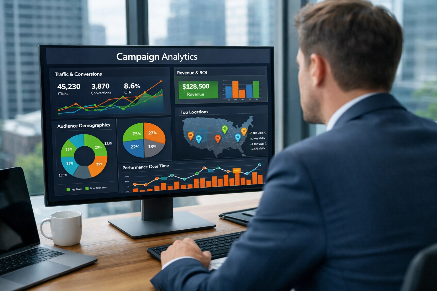 Marketing professional analyzing digital signage campaign performance data and venue analytics