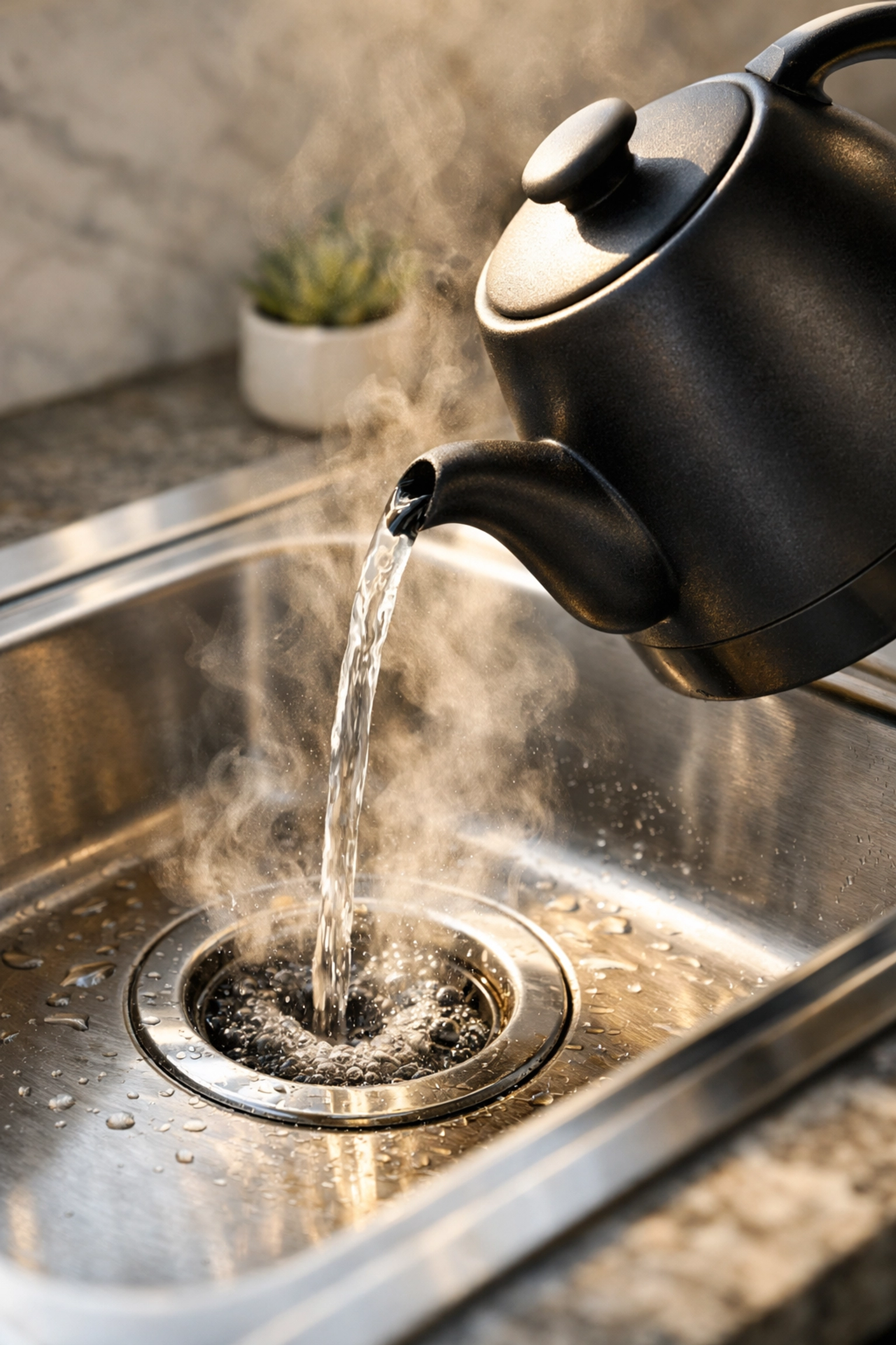 Pouring boiling water from a black kettle into a kitchen sink to clear a clogged drain naturally.