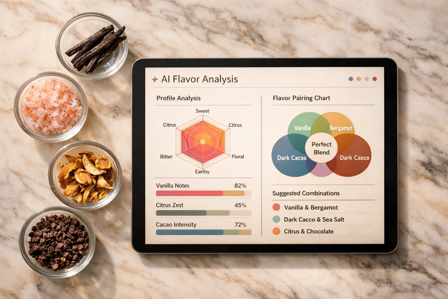 AI flavor modeling tool with artisan chocolate ingredients for recipe testing