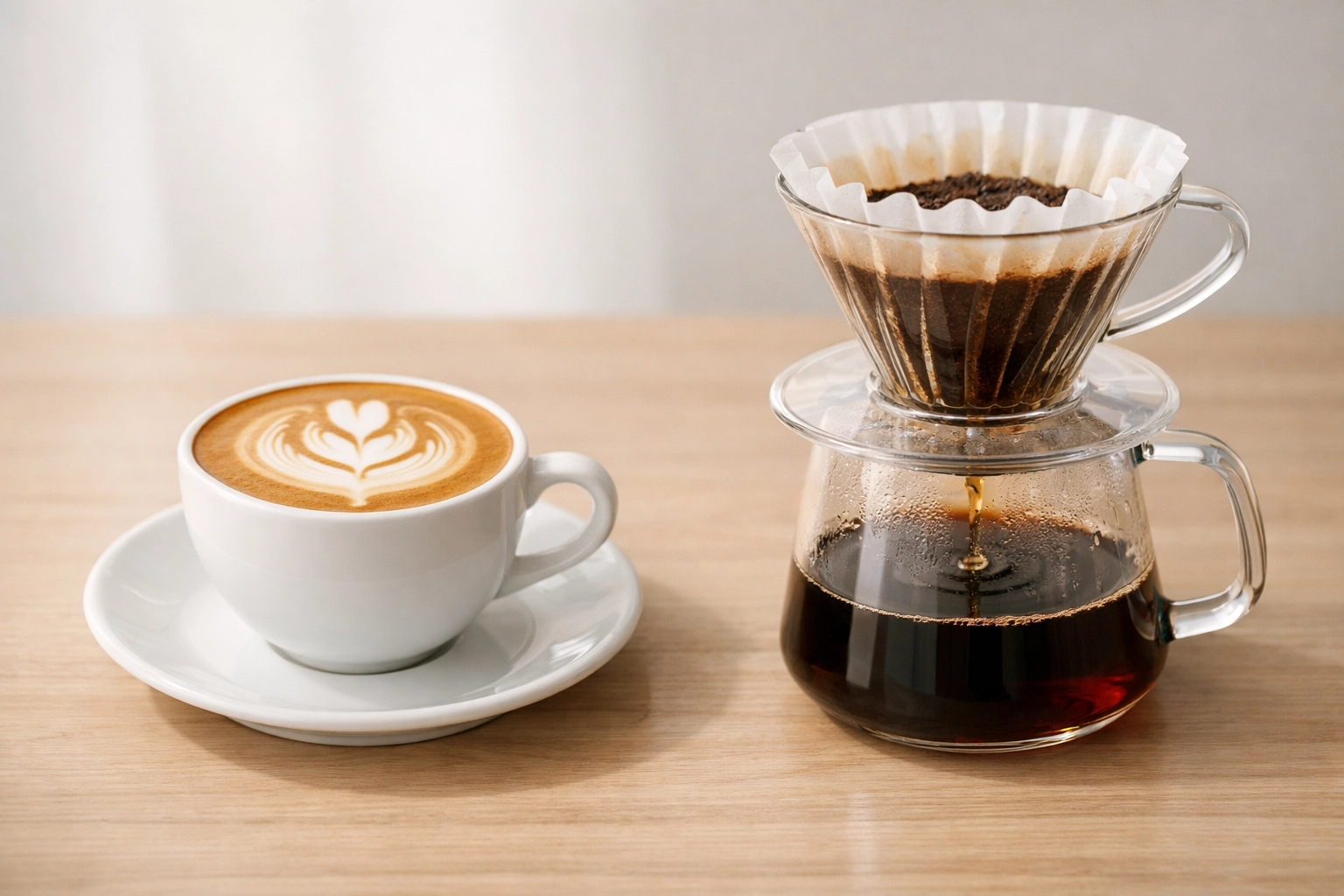 Cappuccino with latte art beside V60 pour-over coffee on wooden table