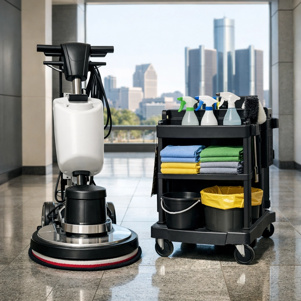 High-end floor polisher and cleaning supplies in a clean Detroit commercial building hallway.