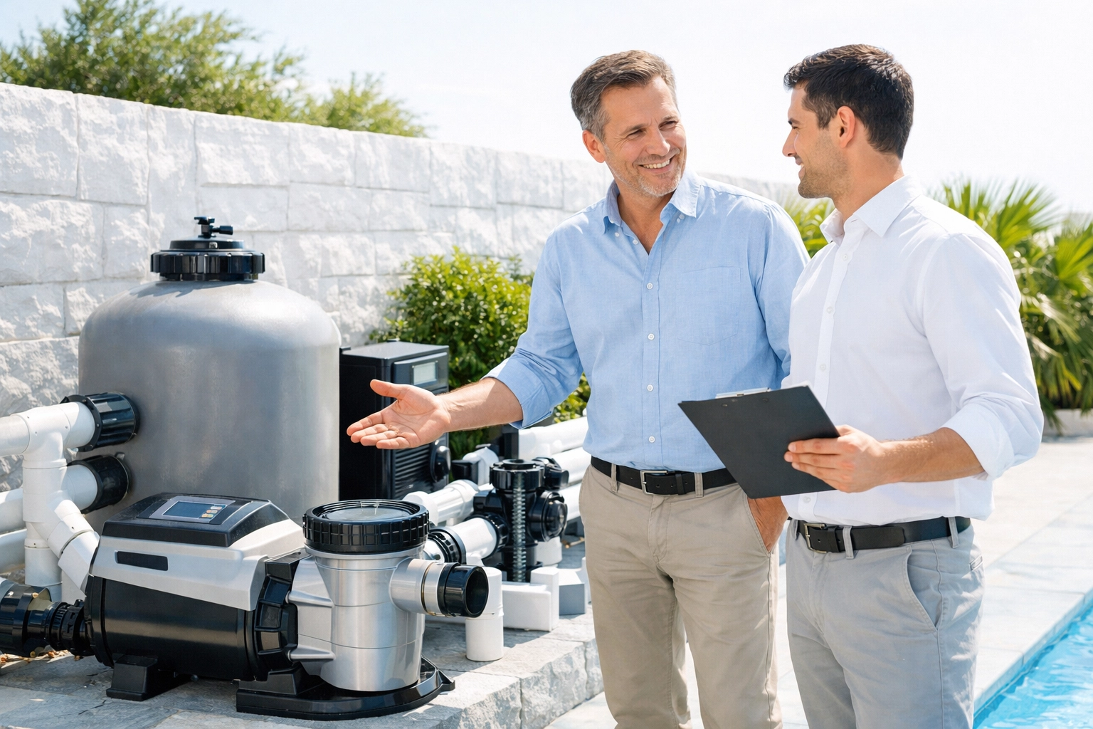 Professionals discussing a smooth pool route handoff and business transition by modern pool equipment.